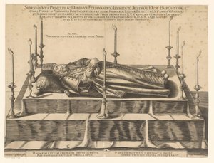 Doodsportret van Ferdinand II van Tirol Nejklidnější princ a lord Ferdinand arcivévoda Rakouský (...) (titul na předmětu) od Dominicus Custos (possibly)