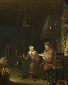 Interiér s mužem, který si čte, a ženou, která spřádá přízi od Dominicus van Tol