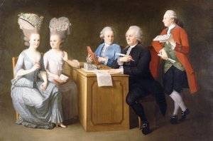Skupinový portrét pana Le Roye s jeho dvěma dcerami a dvěma syny, sedících po celé délce u stolu, 1779