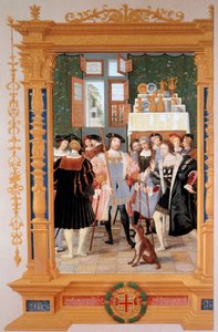 Etienne Leblanc (1490-1565) předkládá Anně de Montmorency (1493-1567) svůj překlad řeči Cicerona (1531) - Kopie frontispice dochované v Petrohradu (Rusko), kvaš od Dominique Henri Guifarda (1838-1913) , konec 19. století - C od Dominique Henri Guifard