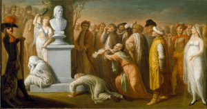 Kampaň (expedice) do Egypta (1798-1801): „“ Návrat Napoleona Bonaparta (1765-1821) z Egypta v říjnu 1799“““ alegorické znázornění generála Napoleona vítězného po návratu z Egypta, symbolizované jeho bustou z mramoru , který je korunován