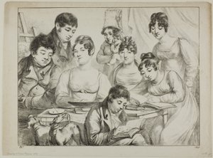 Rozhovor, rodinná kresba a čtení, sestra držící nemluvně, portrét prince Edmonda de Beauvau za židlí a portréty Madame Lavallée a Madame Vallory, obě sedící od Dominique Vivant Denon