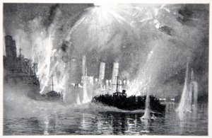 Motor Launches zachraňující posádky blokových lodí v Zeebrugge, ilustrace z „The Naval Front“ od Gordona S. Maxwella, 1920