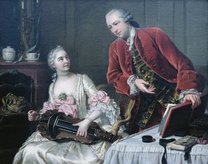 Portrét Monsieur a Madame de Corcelles hrají hudbu v interiéru