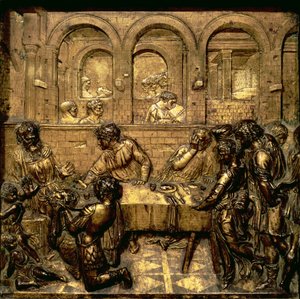 Herodova slavnost, ze série reliéfů znázorňujících život Jana Křtitele na šestiboké křtitelnici v Baptisteriu, 1417-30 (pozlacený bronz)