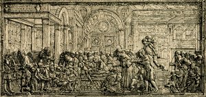Zázrak srdce lakomce, oltář svatého Antonína, bronzový reliéf od Donatella, bazilika svatého Antonína Paduánského, Padova, Benátsko, Itálie, dřevoryt z Le cento citta d