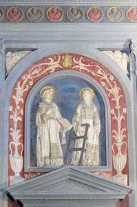 Sv. Vavřince a sv. Štěpán, nízká reliéfní socha nad severními dveřmi, kolem roku 1440 (terakota) od Donatello