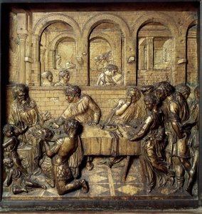 Banket Heroda Antipa II (21 př. n. l. – 39 n. l.). Detail spodního reliéfu křtitelnice realizovaný Donato di Niccolo di Betto Bardi dit Donatello (1386-1466)