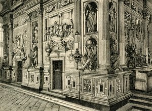 Mramorová obrazovka Svaté chýše, navržená Donato Bramante (1444-1514), Svatyně Svaté chýše, Loreto, Marche, Itálie