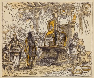 Král odměňující Beowulfa (barva litho)