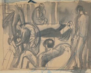 Maynard Keynes, Lytton Strachey a další, kolem roku 1916 (tužka a akvarel na papíře)
