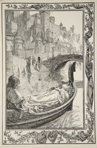 Člun plul po řece, ilustrace z „Příběhů krále Artuše a kulatého stolu“ od Beatrice Clayové od Dora Curtis