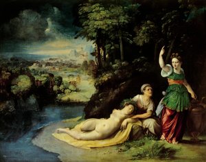 Diana a Callisto, cca 1528, Dosso Dossi (cca 1486-1542), olej na plátně, 49x61 cm