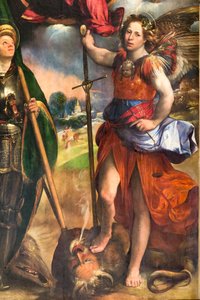 Madona s Jezulátkem a svatým Jiřím a svatým archandělem Michalem, detail 2384617, kolem 1518 (olej na panelu) od Dosso Dossi