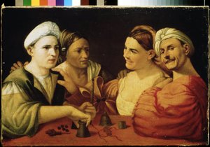 ""Iluzionisté"" (Kouzelníci) Pár šarlatánů, kteří klamou své oběti pomocí magických kostek. Obraz Giovanniho Luteriho známý jako Dosso Dossi (asi 1486-1542) Puškinovo muzeum ze 16. století, Moskva