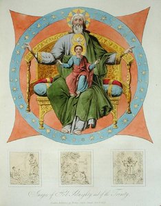 Obrazy Všemohoucího Boha a Trojice z katedrály Nanebevzetí Panny Marie v Moskvě, deska 14 z „Povaha Rusů a podrobné dějiny Moskvy“, vydané 1823 (barevná akvatinta) od Dr. Robert Lyall