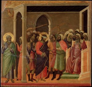 Ježíš pohrdl. Oltářní obraz Maesta (tempera a zlato na dřevě od Duccio di Buoninsegna
