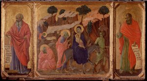Život Krista: Útěk do Egypta s proroky Jeremiášem a Ozeášem. Predella of the Maesta (tempera na dřevě od Duccio di Buoninsegna