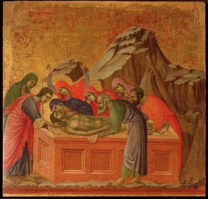 Vášeň: hrob. Oltářní obraz Maesta (tempera a zlato na dřevě od Duccio di Buoninsegna
