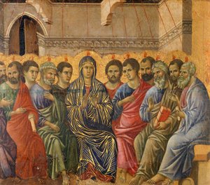 Letnice, detail z epizod z Kristova umučení a zmrtvýchvstání, zadní povrch oltáře Maesta