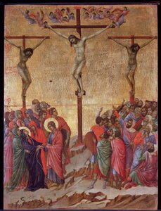 Ukřižování. Po stranách dobrý zloděj (Dismas) a nekajícný zloděj (Gestas). Oltářní obraz Maesta (tempera a zlato na dřevě od Duccio di Buoninsegna