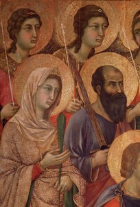 Panna a dítě na trůnu, detail se svatou Kateřinou Alexandrijskou a svatým Pavlem. (La Maesta) (tempera a zlato na dřevě od Duccio di Buoninsegna
