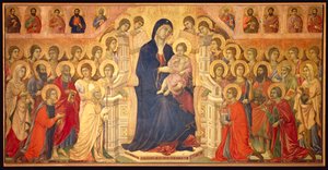 Panna trůnící s dítětem, obklopená anděly a světci, ústřední panel Maesty od Duccio di Buoninsegna