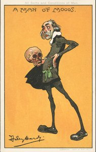 Muž nálad: Shakespearova postava, Hamlet, s lebkou Yoricka (barevná lito)
