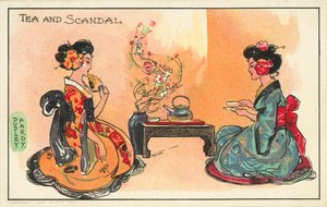Čaj a skandál: dvě Japonky pijí čaj (barva litho)