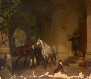 Jezdci se dvěma koňmi před zámkem od Düsseldorfer Maler um 1850