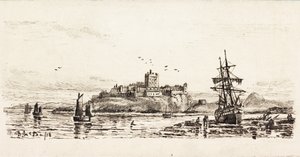 Dutch Schooner Stranded v Bamburghu (inkoust na kartě)
