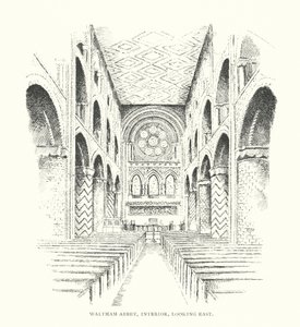Waltham Abbey, interiér, pohled na východ (litografie) od Duncan Moul