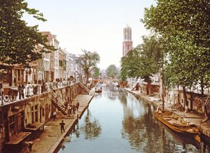 Pohled při pohledu dolů na Oudegracht v Utrechtu, 1890-1900