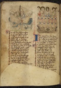 Přidat. 11575, f.65v Jonáš a velryba, ze Spiegel van der Menschen Behoudenisse (překlad Zrcadla lidské spásy) (vellum) od Dutch School