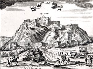 Bietala, pevnost Lamy Velikého, Království Lhassa, ilustrace z „La Chine illustree“ od Athanasiuse Kirchera (1602-80) Amsterdam, 1670 (rytina) (černobílá fotografie) od Dutch School