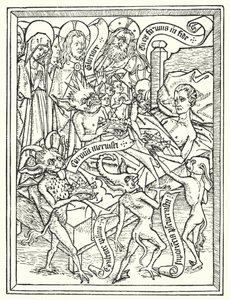 Blok Ars Moriendi, vytištěný kolem roku 1460 v Nizozemsku neznámo kým (litografie) od Dutch School