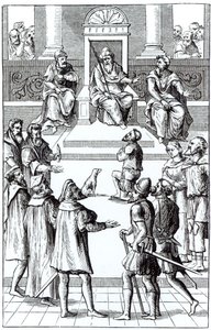 Přiznání k nápravě před tribunálem po dřevorytu v Praxis Rerum Criminalium od Joose de Damhoudera (1507-81), publikovaném v Antverpách, 1556 od Dutch School
