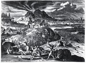 Zemětřesení v Edo (Tokio) v roce 1659, ilustrace z účtu Arnolda Montana o ambasádách zaslaných Nizozemskou východoindickou společností císaři Japonska, publikované v Amsterdamu 1669 ( od Dutch School