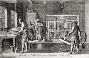 Továrna Abrahama van Wylicka, Amsterdamský hedvábnický průmysl, z knihy "Geschiedenis van Nederland", vyd. 1936 (litografie) od Dutch School
