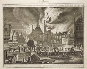 Požár staré amsterdamské radnice, 17. července 1652, z knihy o hašení požárů v Holandsku, vydané kolem roku 1700 od Dutch School