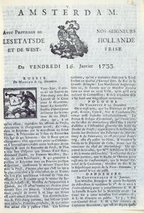 Přední strana La Gazette dAmsterdam, 16. ledna 1733 (tištěný papír) od Dutch School
