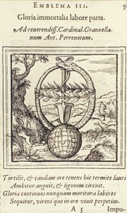 Sláva nesmrtelné práce zvítězila, ilustrace z Emblemata od Adrianuse Juniuse, vydal Christophe Plantin, Anvers, 1565 od Dutch School