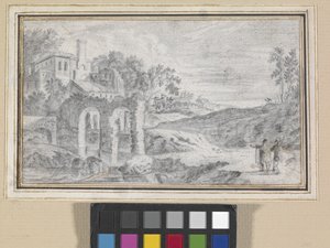 Italská krajina s ruinami (černá křída na špinavě bílém papíře) od Dutch School