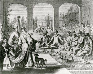 Jezuité s holandskými a portugalskými obchodníky u japonského dvora, kolem roku 1670 (rytina) od Dutch School