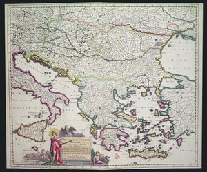Mapa Řecka, Maďarska a jejich okolních zemí (ručně kolorovaná rytina)