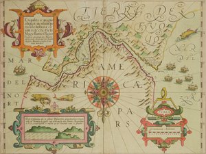 Mapa Magellanského průlivu, Patagonie, z hospody Mercator Atlas. Jodocus Hondius (1563-1612) Amsterdam, 1606