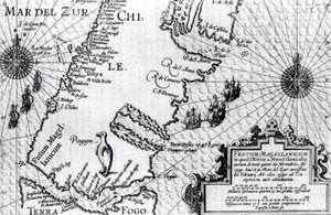 Mapa Magellanského průlivu, deska od Olivera van Noortse s popisem jeho cesty, 1602