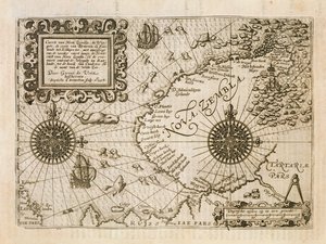 Mapa nově objevené Nové Země, ilustrace z Diarium Nauticum, seu vera descriptio trium navigationum admirandarum... od Gerrita de Veera, 1598