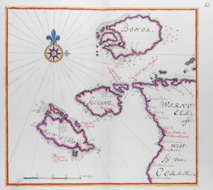 Mapa zobrazující část ostrova Ceram (Seram) a Bonoa (ostrov Boano) a ostrov Kelang a ostrov Manipa. od Dutch School