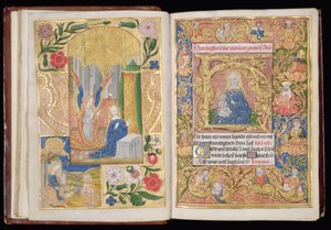 Ms 144, ff.13v-14r: Zvěstování a Panna a dítě, miniatury z Knihy hodin, Use of Utrecht, c.1500-20 (zlatolist a zlato a barevné inkousty na pergamenu) od Dutch School
